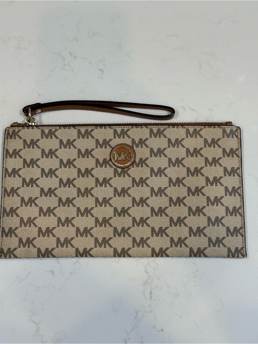 Michael Kors MK Signature Logo Wristlet Wallet Clutch Brown